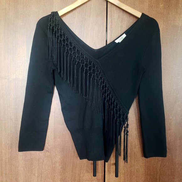 Super Fun Vintage Caché silk blend fringe lightweight v-neck sweater - Picture 1 of 4